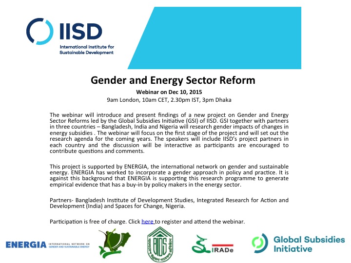 Webinar 10 Dec: Gender and Energy Sector Reform