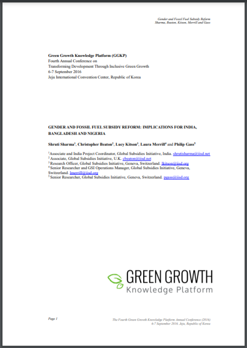 Gender and Fossil Fuel Subsidy Reform: Implications for India, Bangladesh and Nigeria