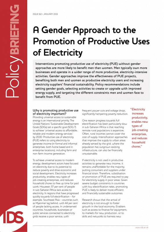 A gender approach to the promotion of productive uses of electricity
