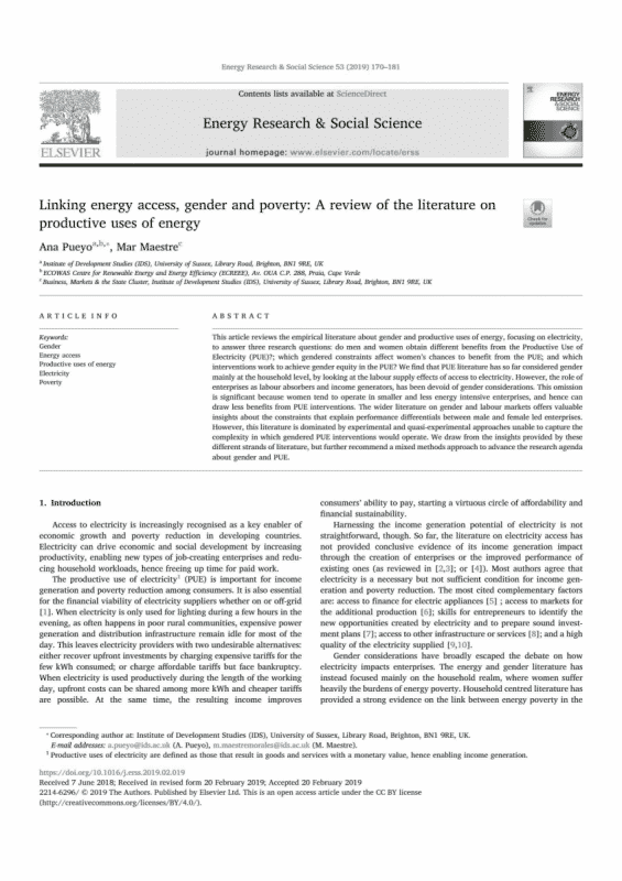 Linking energy access, gender and poverty: A review of the literature on productive uses of energy