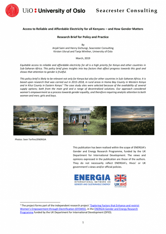 Access to Reliable and Affordable Electricity for all Kenyans – and How Gender Matters