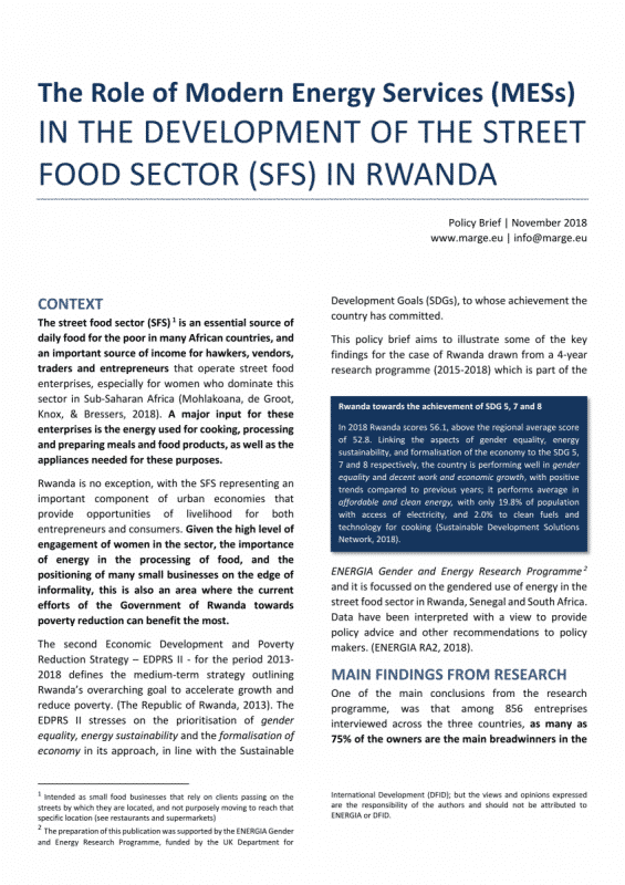 The Role of Modern Energy Services (MESs) in the development of the street food sector (SFS) in Rwanda