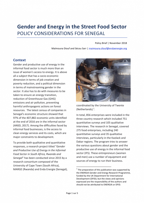 Gender and Energy in the Street Food Sector Policy considerations for Senegal