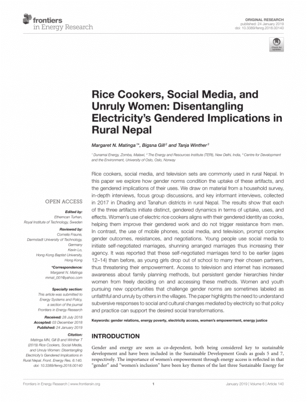 Rice Cookers, Social Media, and Unruly Women: Disentangling Electricity’s Gendered Implications in Rural Nepal