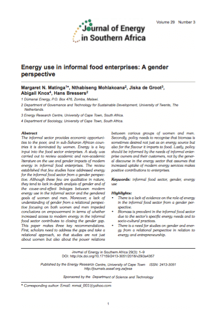 Energy use in informal food enterprises: A gender perspective