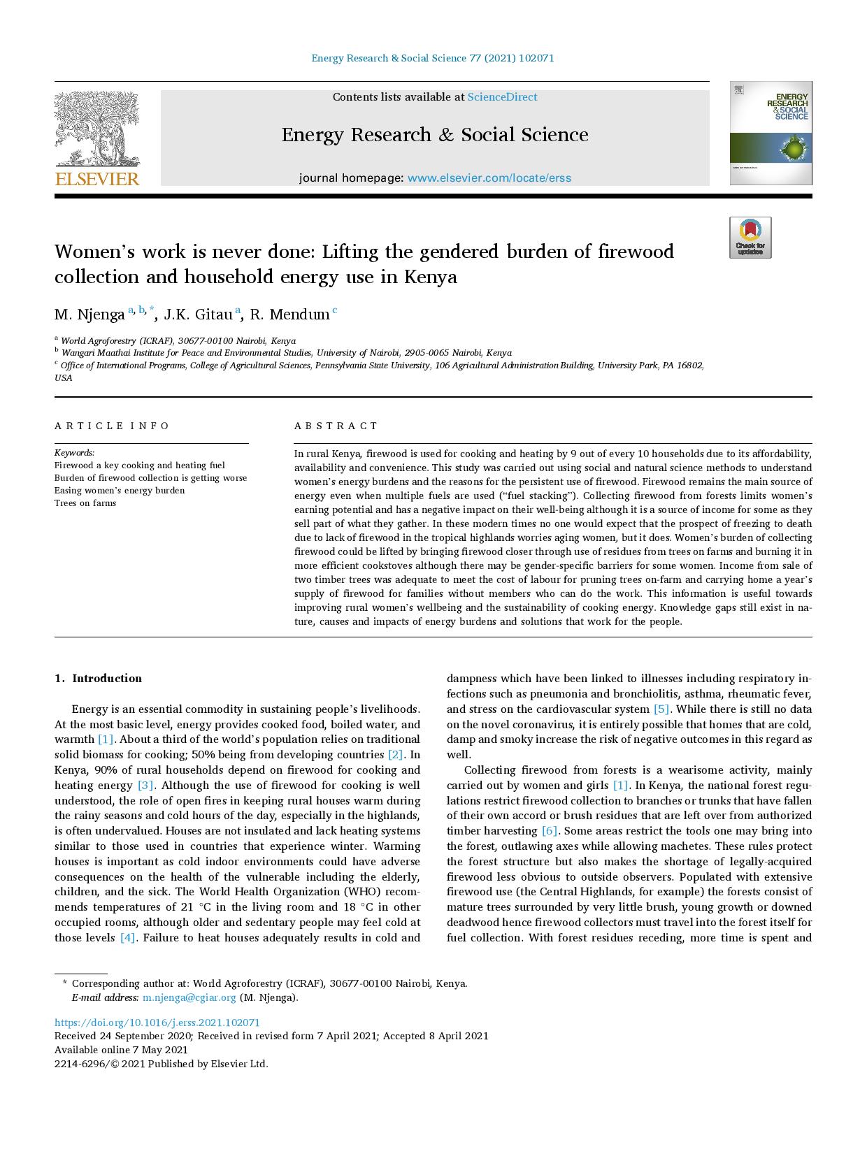 Women’s work is never done: Lifting the gendered burden of firewood collection and household energy use in Kenya