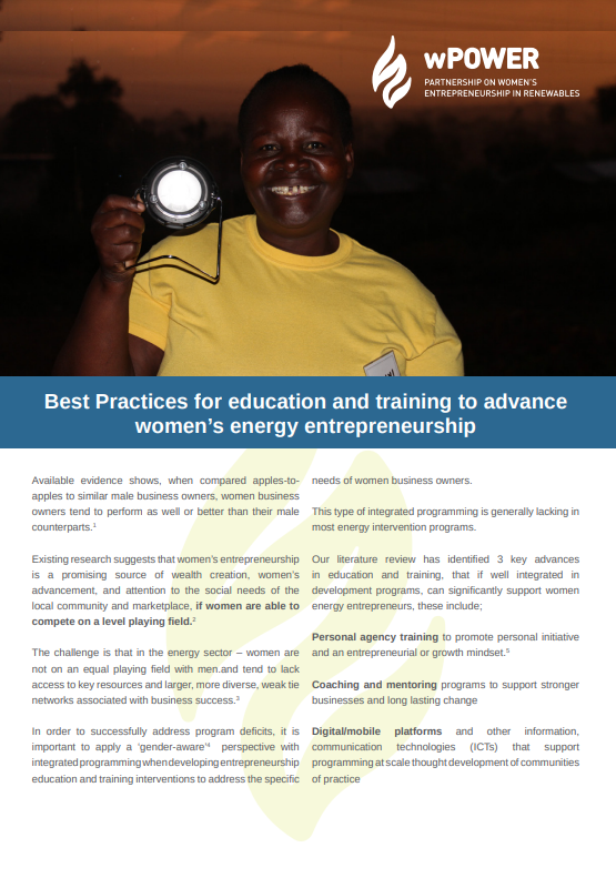 Best practices for education and training to advance women’s energy entrepreneurship